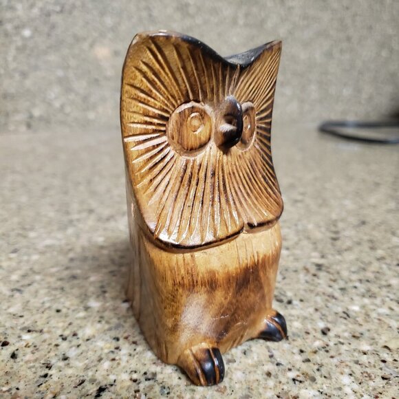 Hand Carved Wooden Folk Art Owl Figurine Boho Abstract 4" Tall Wood Mid Century - Picture 3 of 13